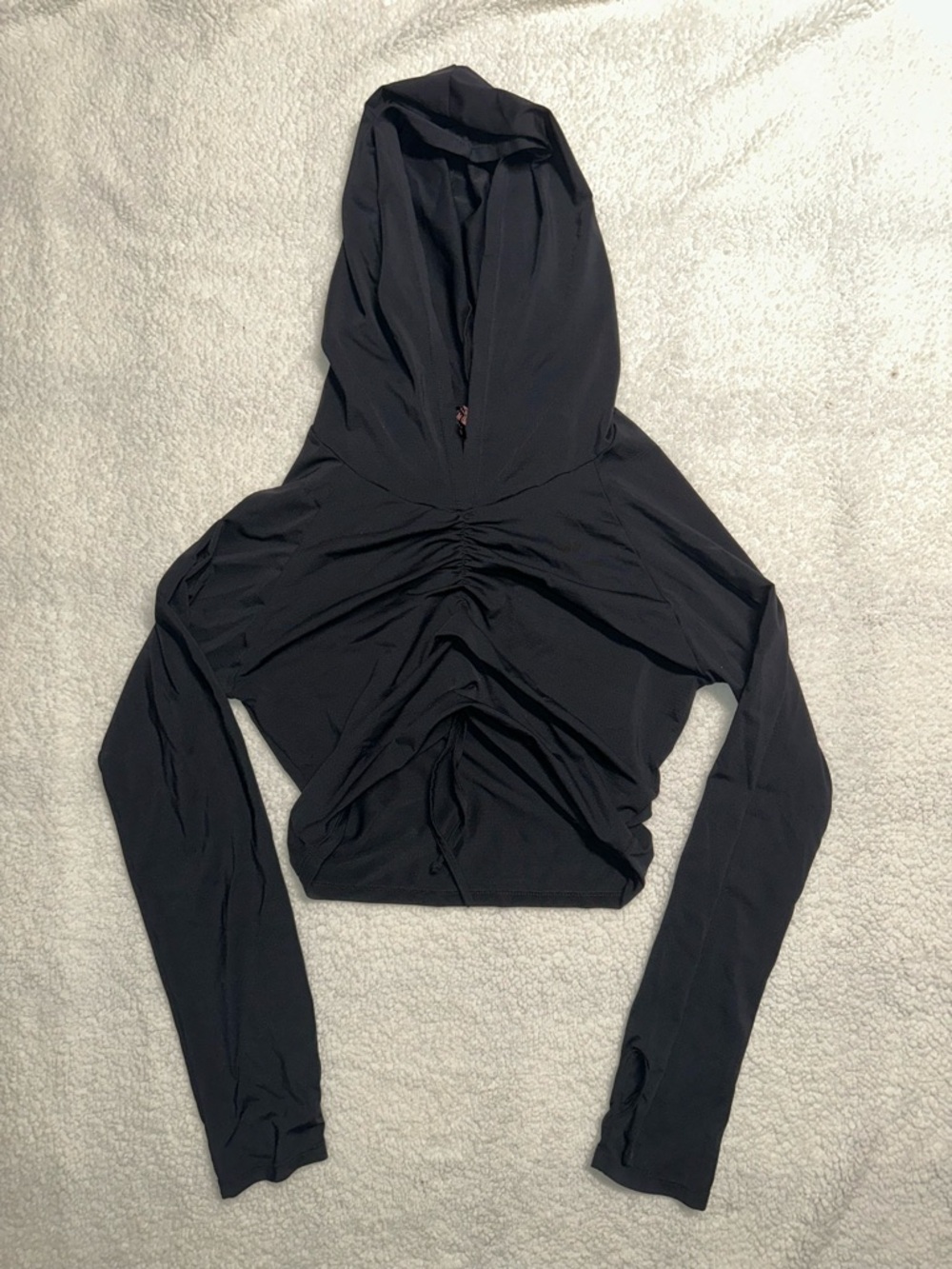 Women's Black Ruched Hooded Long-Sleeve Top